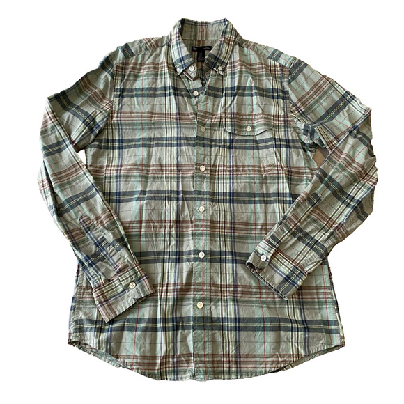 Gap Shirt Mens Size Medium Slim Fit Button Up Collared Green Plaid Casual Shirt - Picture 1 of 13